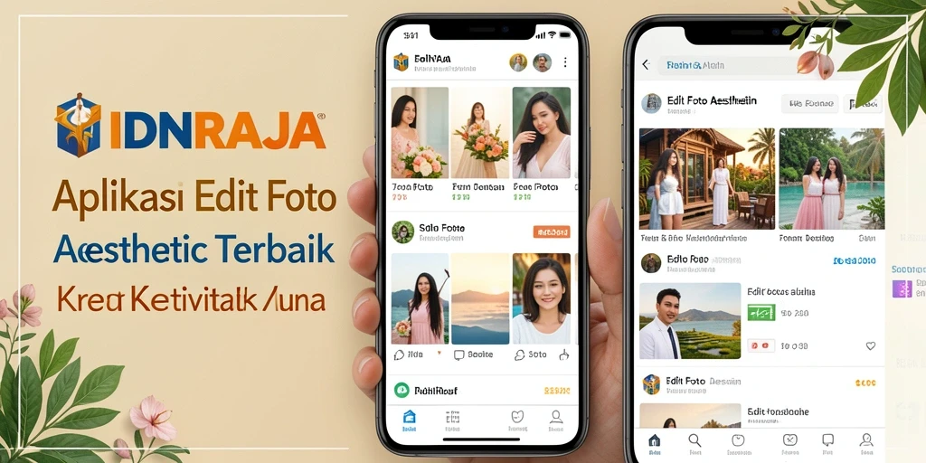 Tampilan antarmuka aplikasi IDNRAJA dengan berbagai fitur edit foto aesthetic.
