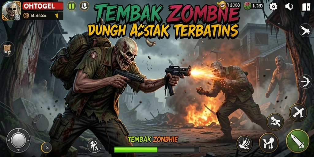 Tampilan antarmuka game OHTOGEL dengan aksi tembak menembak zombie.
